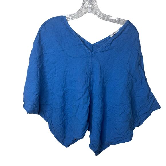 Puro Lino Blue 100% Linen Poncho Top Blouse Made in Italy One Size Boho Resort - Picture 1 of 9